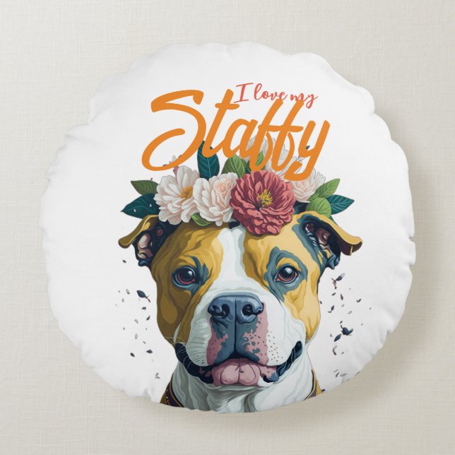 Almofada Redonda Amor Staffordshire Bull Terrier - Eu Amo Meu Staff (Frente)