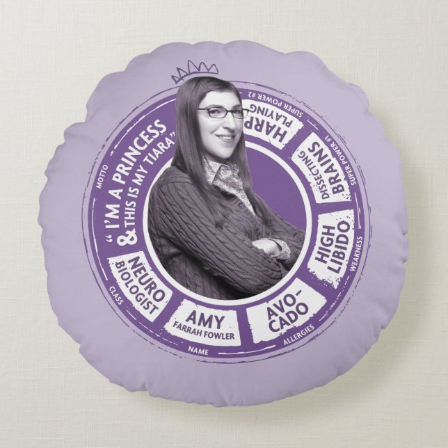 Almofada Redonda Amy Farrah Fowler Info Graphic (Frente)