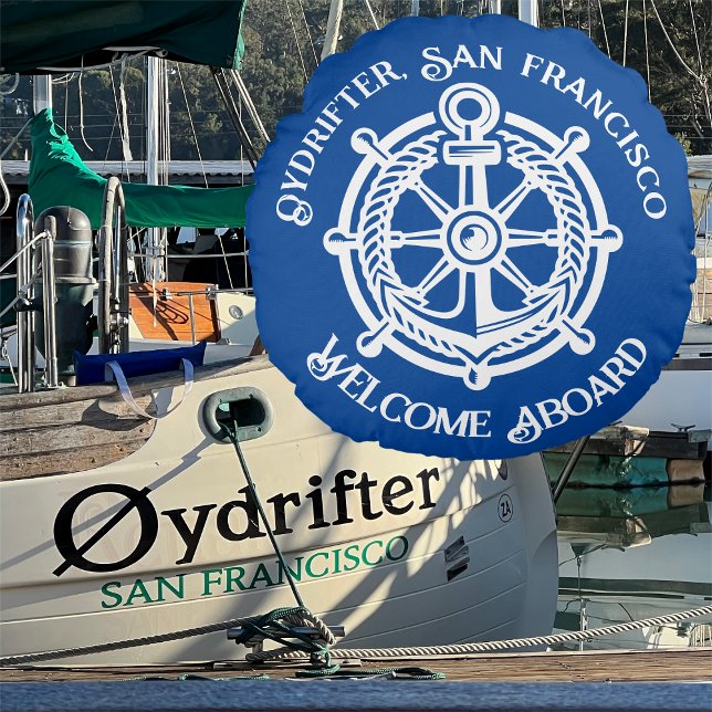 Almofada Redonda Anchor Rope Ship Wheel Boat Name Welcome Aboard (Criador carregado)