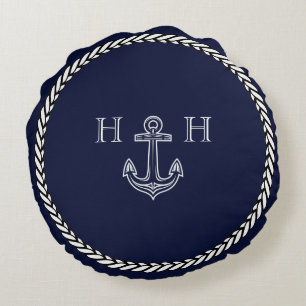 Almofada Redonda Âncora Azul Marinho Náutico Monograma Costeiro