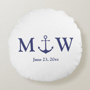 Almofada Redonda Âncora náutica de casamento azul marinho e monogra