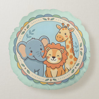 Almofada Redonda Animais do Safari Elefante Leão Girafa Pastel