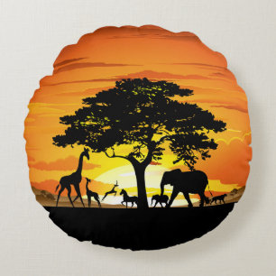 Almofada Redonda Animais Selvagens no Sunset da savana africana