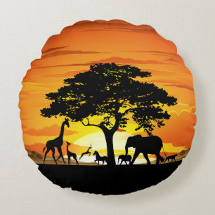 Almofada Redonda Animais Selvagens no Sunset da savana africana