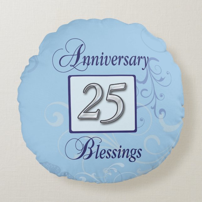 Almofada Redonda Aniversário de 25 em Azul e Prata (Frente)