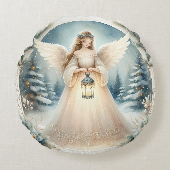 Almofada Redonda Anjo Celestial de Inverno Lanterna da Esperança (Frente)