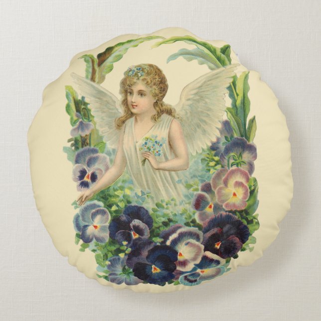 Almofada Redonda Anjo da Páscoa Vitoriana com Flores de Amor-Perfei (Verso)