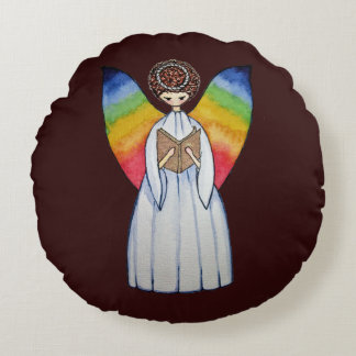Almofada Redonda Anjo De Aquarela Com Asas Arco-Íris Lendo Um Livro