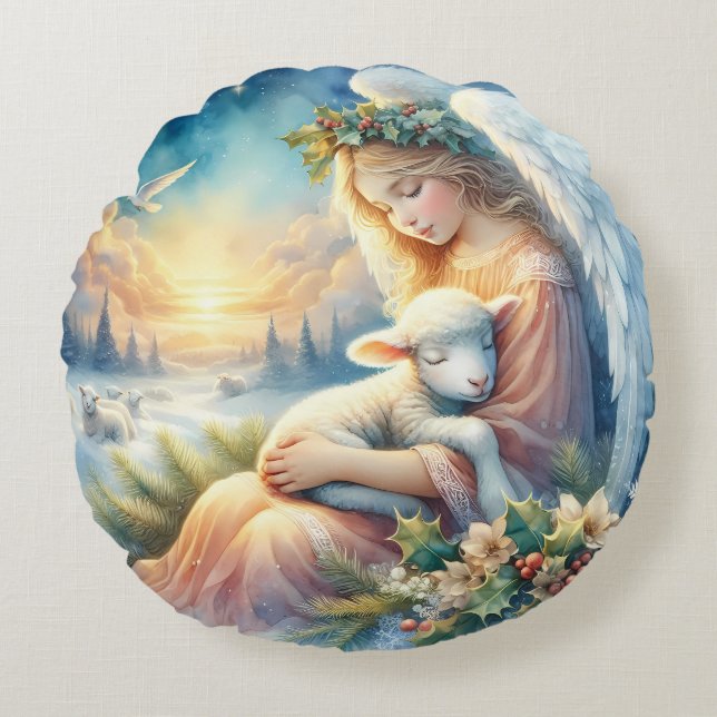 Almofada Redonda Anjo de Natal com Cordeiro em Paz Invernal (Frente)