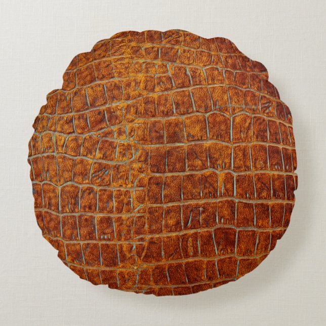 Almofada Redonda Antiga textura de couro de animais castanhos (Frente)
