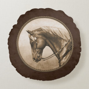 Almofada Redonda Antigo Quarto Oeste Horse Sepia Brown