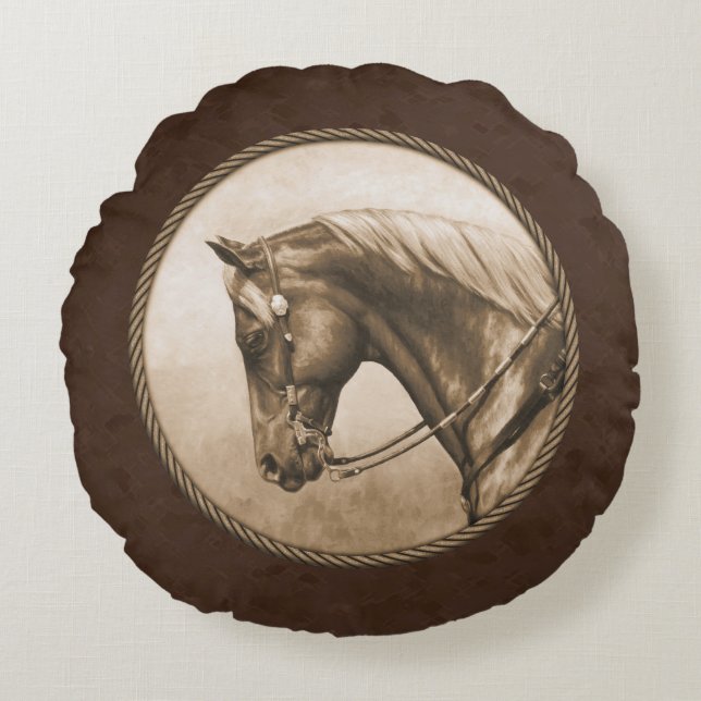 Almofada Redonda Antigo Quarto Oeste Horse Sepia Brown (Frente)