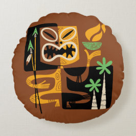 Almofada Redonda Antigos Rituais Tribais: Homem com Fogo e Lança