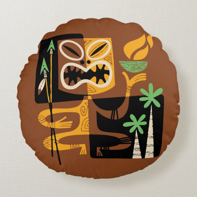 Almofada Redonda Antigos Rituais Tribais: Homem com Fogo e Lança (Frente)