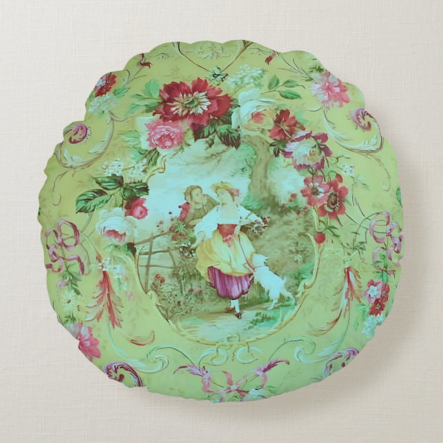 Almofada Redonda Antiquado estilo Toile Rococo Vitoriano Verde (Frente)