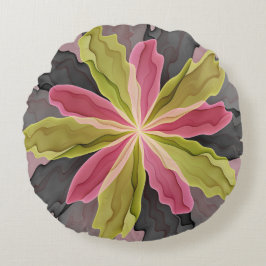Almofada Redonda Antracite verde rosa Fantasia Flor Arte Fractal