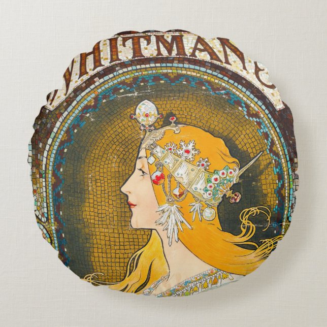 Almofada Redonda Anúncio de Alphonse Mucha Vintage Whitman (Frente)