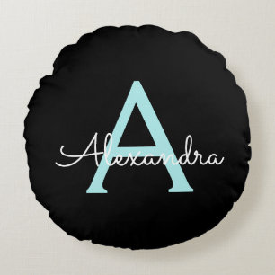 Almofada Redonda Aqua Teal Blue Script Girly Monographic Name