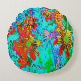Almofada Redonda Aqua Tropical com Flores Amarelas e Laranja
