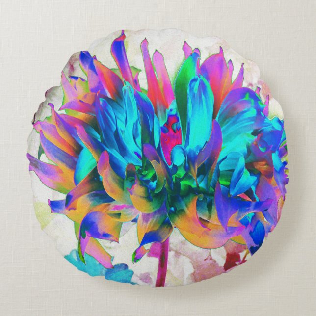 Almofada Redonda Aquarela Atormentada Rainbow Cactus Dahlia (Frente)