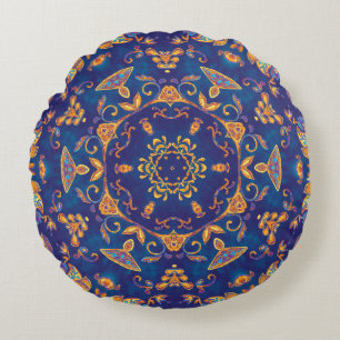 Almofada Redonda Aquarela Caleidoscópio Mandala Design Oriental.