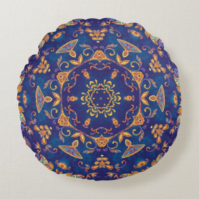 Almofada Redonda Aquarela Caleidoscópio Mandala Design Oriental. (Frente)