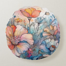 Almofada Redonda Aquarela de Padrão de Flor
