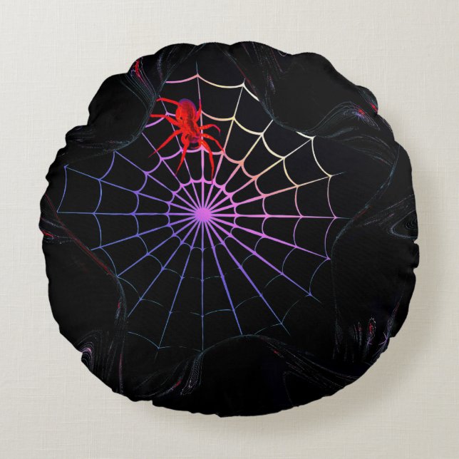 Almofada Redonda Aranha Vermelha Em Uma Web Brilhante (Frente)