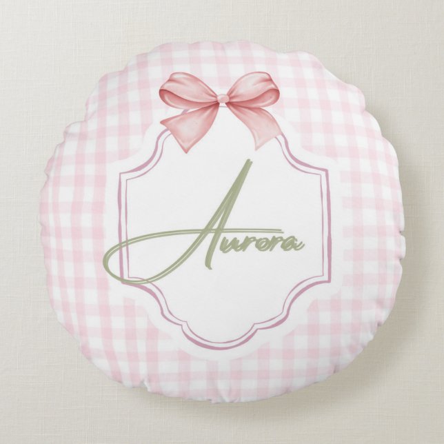 Almofada Redonda Arco Rosa Personalizado Aurora e Impressão Gingham (Frente)