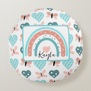 Almofada Redonda Arcos-íris, Borboletas e Corações, cor-de-rosa e l