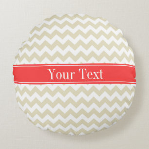 Almofada Redonda Areia Bege Branco Chevron Coral Vermelho Nome Mono