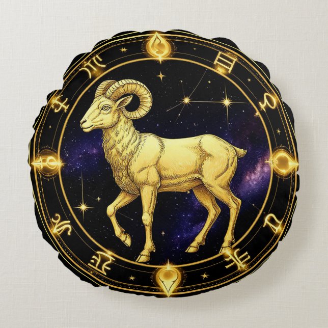 Almofada Redonda Áries Dourado Círculo Zodíaco Com Carneiro (Frente)