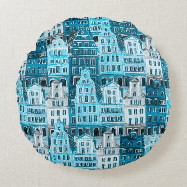 Almofada Redonda Arquitetura de Amsterdã, textura azul de aquarela. (Frente)