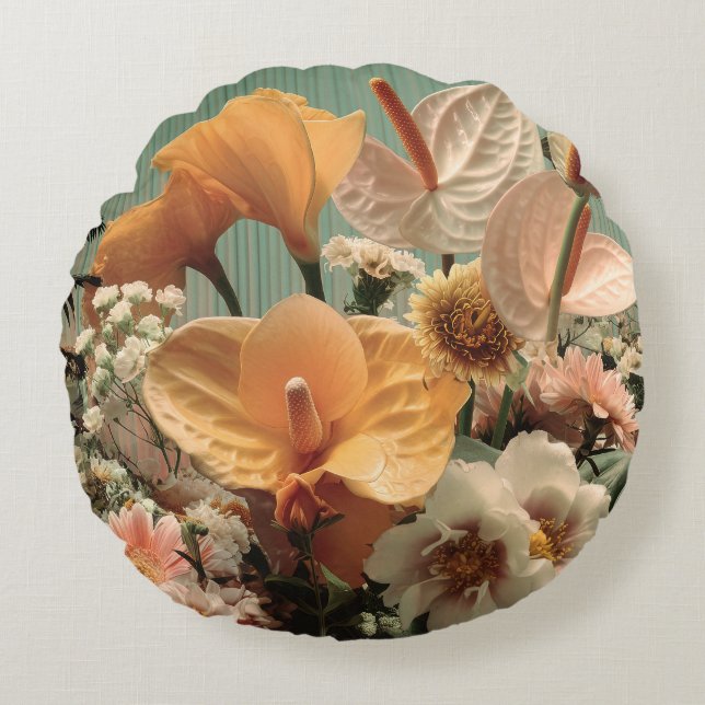 Almofada Redonda Arranjo Floral de Anthurium e Flores Tropicais (Frente)