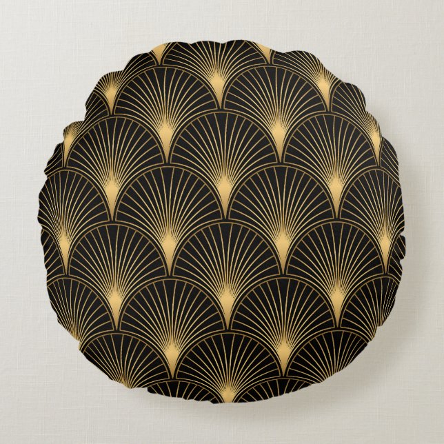 Almofada Redonda Art Deco Black Dourado: Luxo sem costura (Frente)
