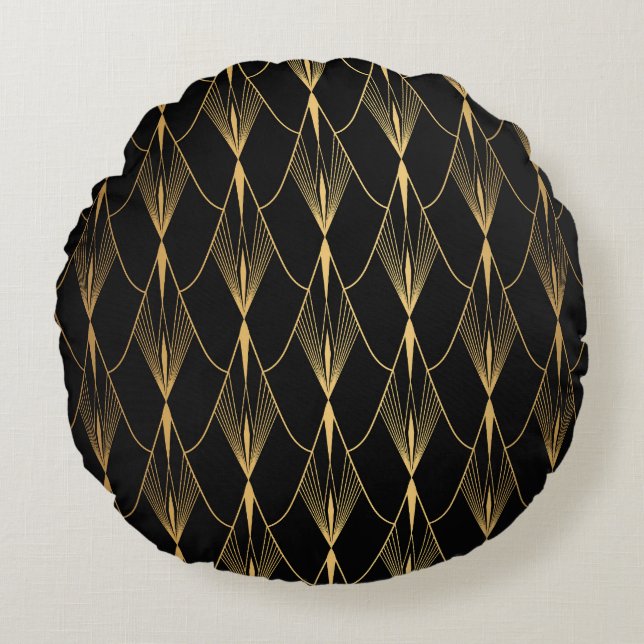 Almofada Redonda Art Deco: Dourado Luxo sem costura preto (Frente)