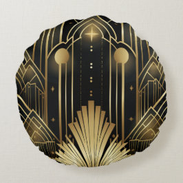 Almofada Redonda Art Déco Noir et Or - Élégance Vintage Géométrique