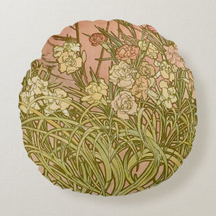 Almofada Redonda Art Nouveau Alfonse Mucha Flores de cravo florais