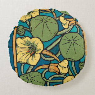 Almofada Redonda Art Nouveau Nasturtium Azul Dourado floral Verneui