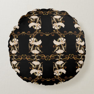 Almofada Redonda Art Nouveau Style: Vintage Preto-Dourado.