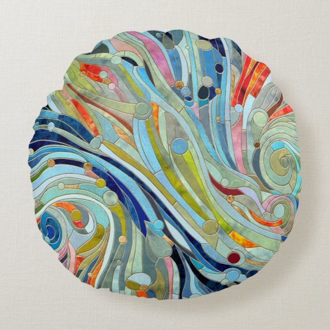 Almofada Redonda Arte Abstrato Mosaica Geométrica Colorida (Frente)