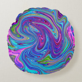 Almofada Redonda Arte Abstrato Retro Groovy Azul, Rosa e Roxo