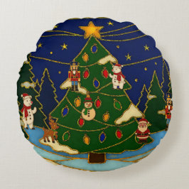 Almofada Redonda Arte Cloisonne Floresta Caprichosa Natal Clássico