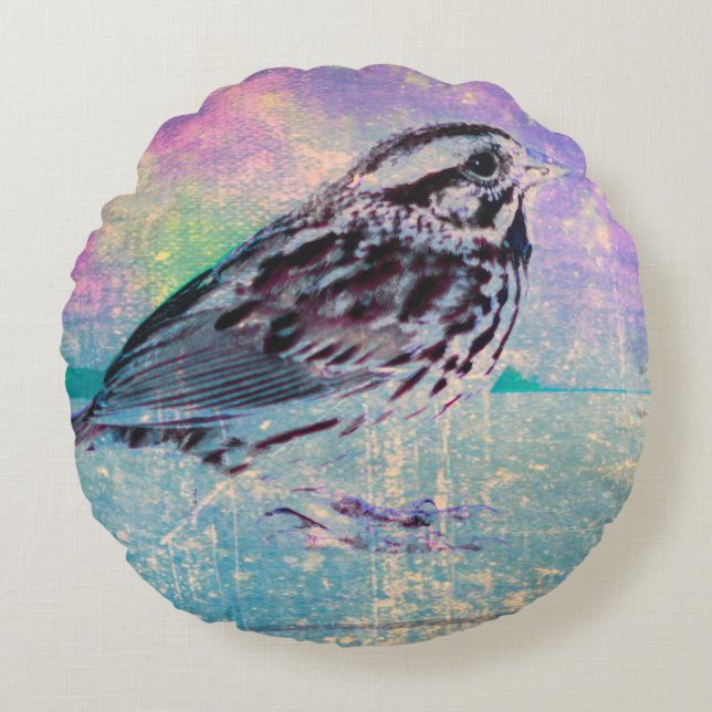 Almofada Redonda Arte Colorida de Pássaros Abstrato: Canhão Vibrant (Frente)