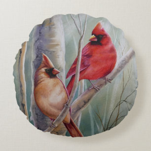 Almofada Redonda Arte de Aquarela com Par de Pássaro Cardinho Nort