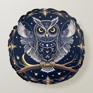 Almofada Redonda Arte de Coruja Fantástica Cósmica para Decoração d