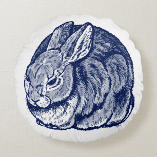 Almofada Redonda Arte de Desenho de Coelho Azul Escuro
