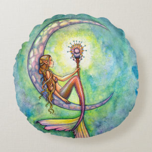 Almofada Redonda Arte de Fantasia da Lua da Sereia por Molly Harris