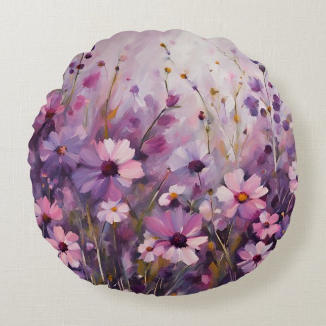 Almofada Redonda Arte de Flor Roxa e Rosa (Frente)