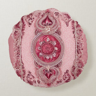 Almofada Redonda Arte de IA com Renda de Cranberry Cereja